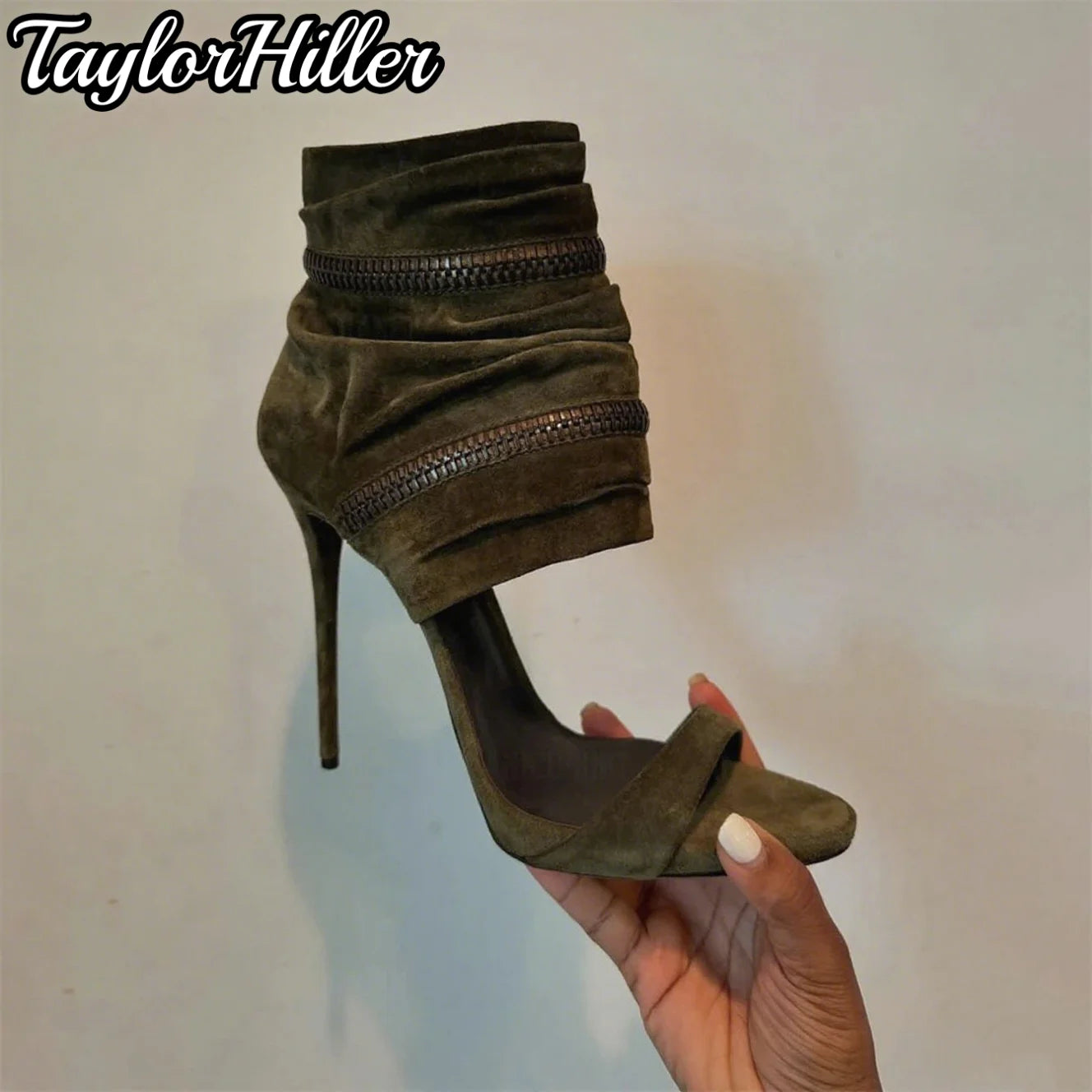 Green Suede One Strap Heeled Sandals Gladiator Pointed Toe High Heels Stiletto Women Luxury Designer Shoes Summer Zip Shoe 2025