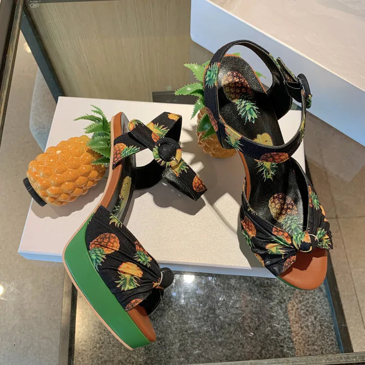 Sweet Lady Pineapple Heels High Heels Women's Thick Bottom Water Platform Printed Fabric Personalized Ultra High Heels Oversize