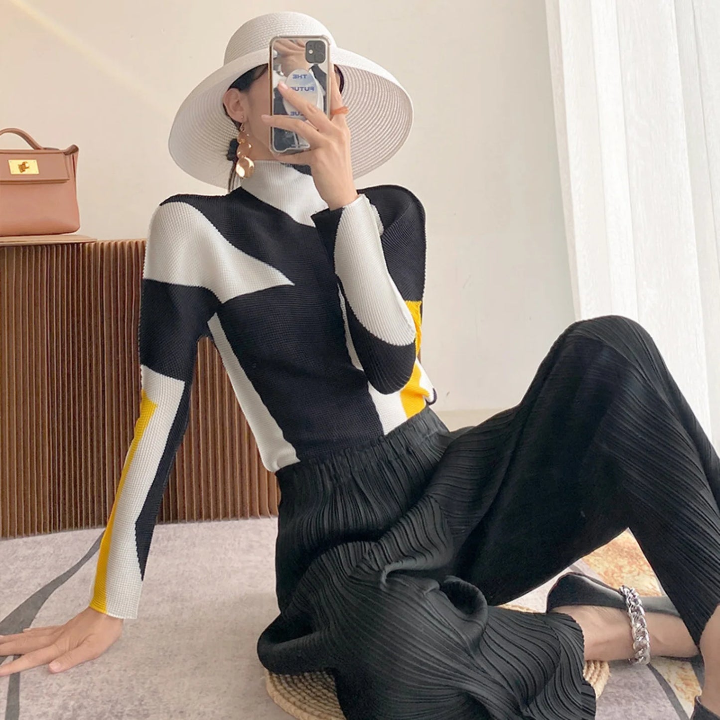Miyake Pleated Contrasting Colors T-shirt Women Half Turtleneck Skinny Pullover 2025 Summer Fashion Female Clothing