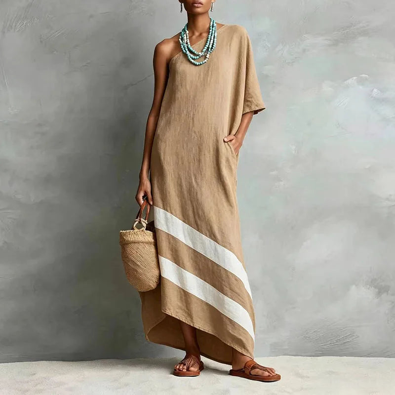 New Women One Shoulder Maxi Dress Short Batwing Sleeve Diagonal Stripe Print Asymmetric Hem Autumn Loose Boho Beach Travel Dress