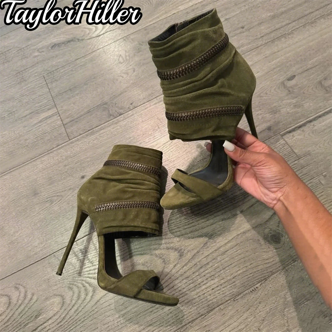 Green Suede One Strap Heeled Sandals Gladiator Pointed Toe High Heels Stiletto Women Luxury Designer Shoes Summer Zip Shoe 2025