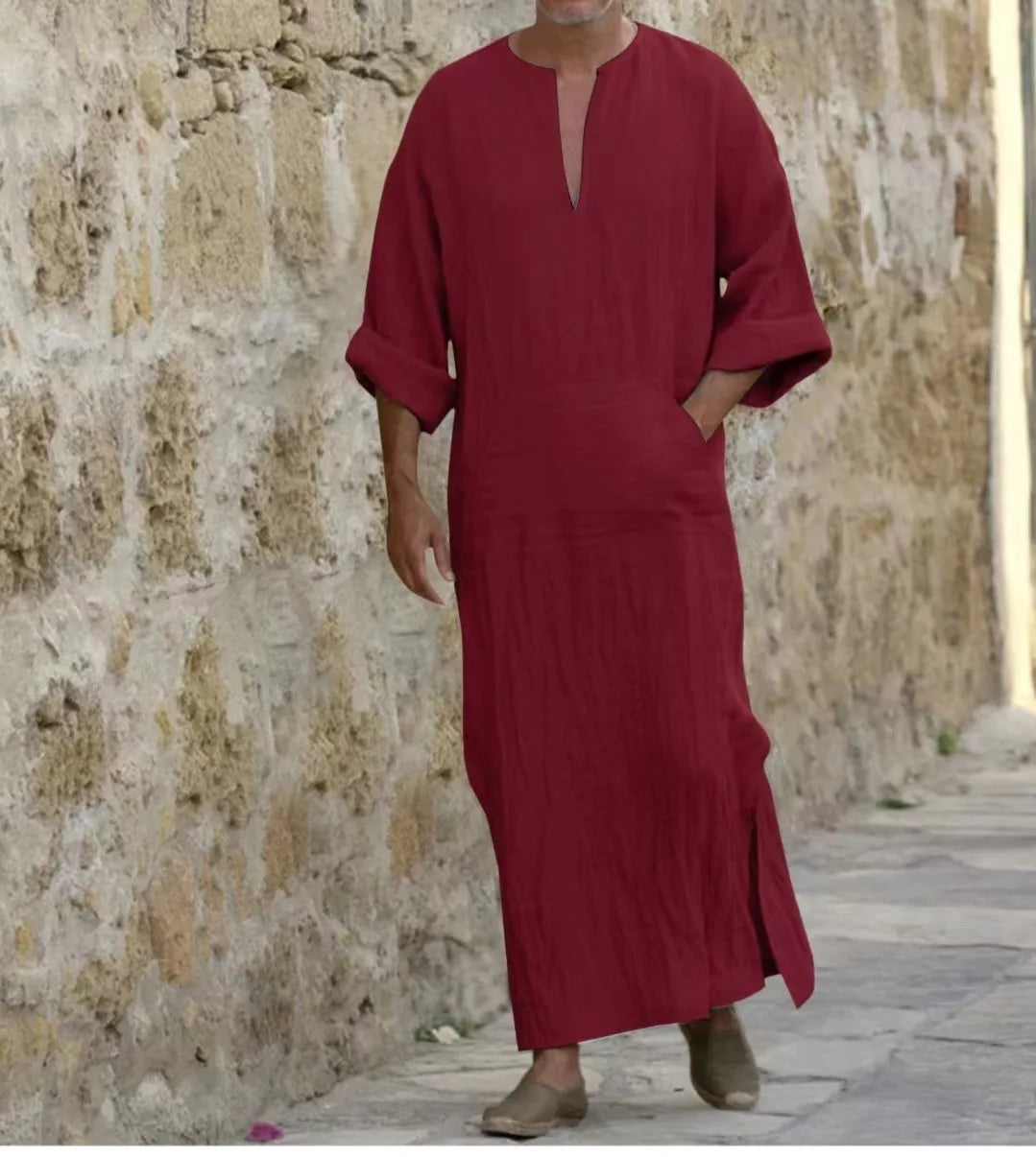 New 2026 Men Cotton Linen Long T-shirts Muslim Solid Casual Abayas Men Jubba Thobe Kaftan Arab Islamic V-neck Long Sleeve Robes