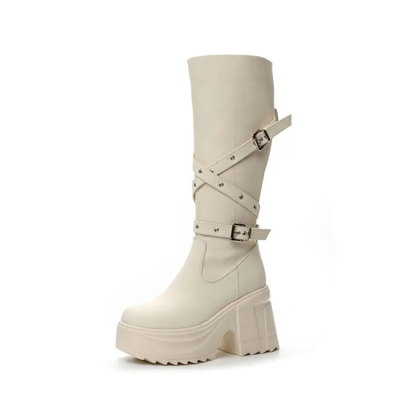 Fujin 10cm Microfiber Women Boots British Boots ZIP Synthetic Leather Ankle Spring Platform Wedge Knee High Fashion Autumn Shoes