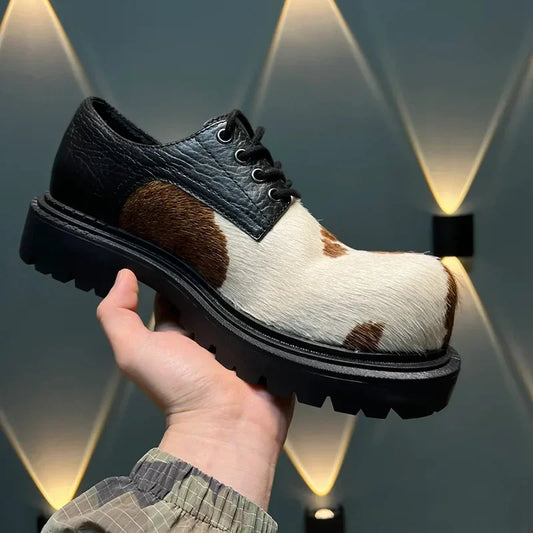 2025 Horsehair Debi  Same Men and Women Milk Mandarin Ducks Small Leather Lace-up Thick Heel Platform Soft Single Casual Shoes