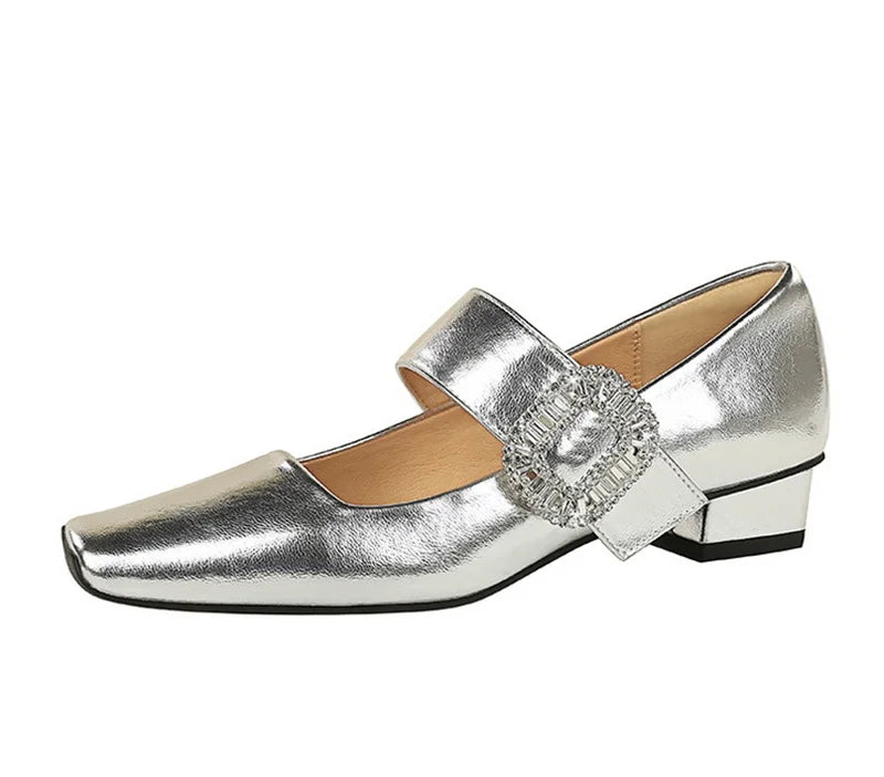 European American Style Banquet Suede With One Strap Marie Zhen Rhinestone Thick Heel Low Heel Square Toe Single Women Shoes
