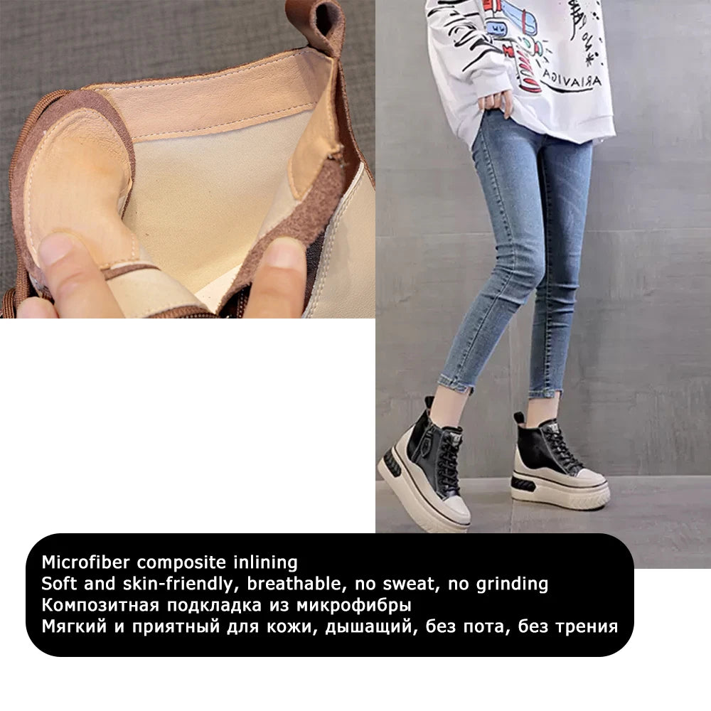 High Top Women Shoes Genuine Leather 8cm Platform Boots Ankle Wedge Hidden Heel Zip Autumn Warm Fur Winter Shoes Sneakers