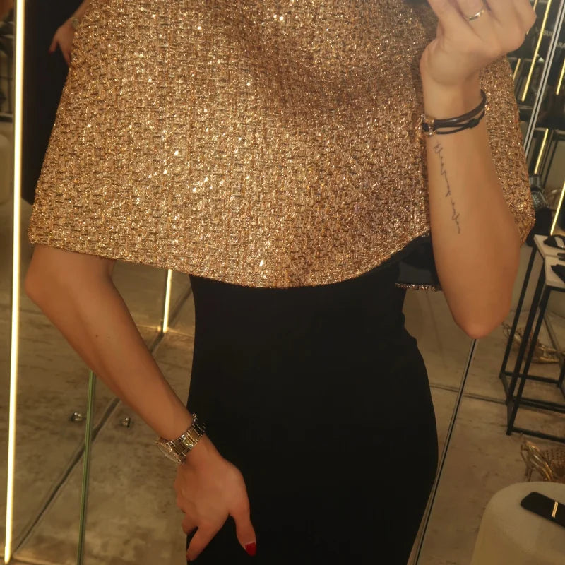 Elegant Chic Gold Sparkle Capelet Top Shiny Tweed Shoulder Wrap Turtleneck Short Cloak New Lady Evening Club Party Tops 2026