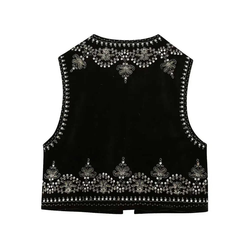 Women Fashion With Sequin Floral Embroidery Crop Waistcoat Vintage O Neck Sleeveless Female Outerwear Chic Vest Tops