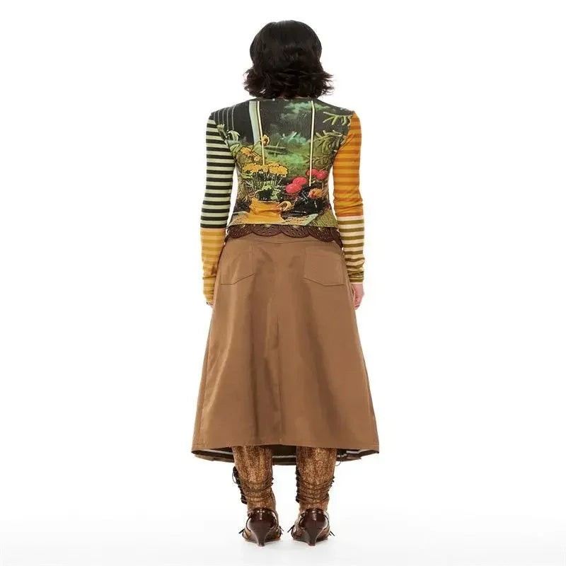 HOUZHOU Y2K Striped Graphic Juminocore Women T-Shirts Harajuku Kawaii Long Sleeve Japanese 2000s Style Tees Slim Cute Aesthetic
