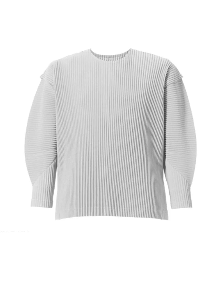 Autumn Summer New Original Miyake Pleated Men's T-shirt Long Sleeves O-neck Solid Color Casual Loose Style Fashion Male Tops