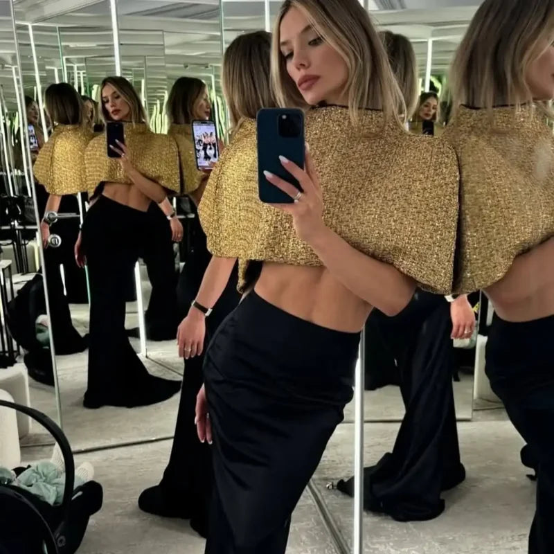 Elegant Chic Gold Sparkle Capelet Top Shiny Tweed Shoulder Wrap Turtleneck Short Cloak New Lady Evening Club Party Tops 2026