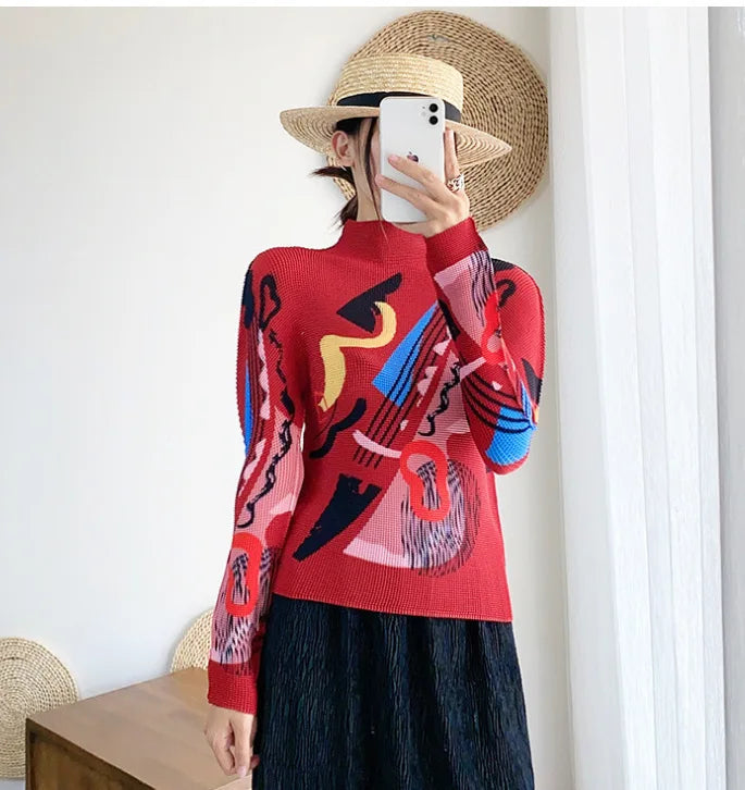Miyake Pleated Contrasting Colors T-shirt Women Half Turtleneck Skinny Pullover 2025 Summer Fashion Female Clothing