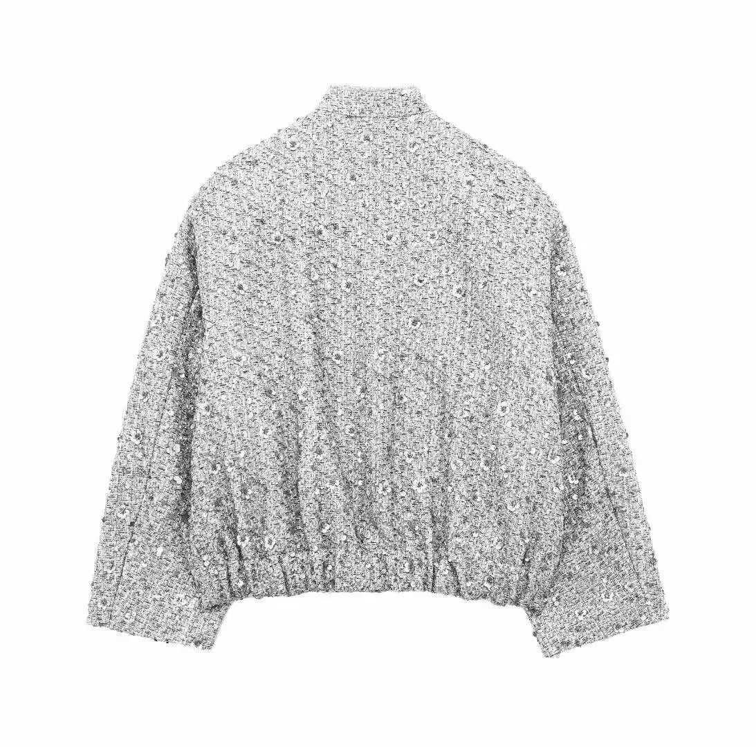 Women's Sequined Bomber Jacket Fall New Round Neck Long Sleeve Pocket Stretch Hem Sequins Jacket Coat Female Chic Outerwear