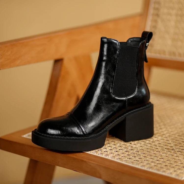 Winter Genuine Leather Chelsea Boots Women Shoes Retro Round Toe Women Platform Thick Heels Short Booties Autumn