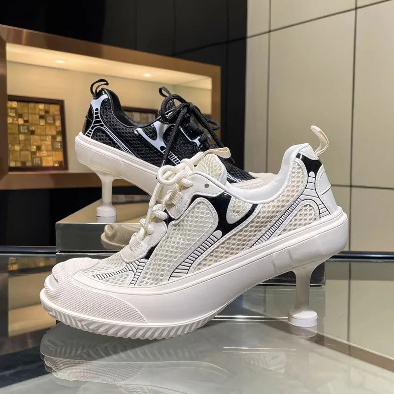 Summer Adult Girls High Heeled Dad Shoes Women Spring Versatile Breathable Lace up Casual Shoes Fashion Sports Mesh High Heels