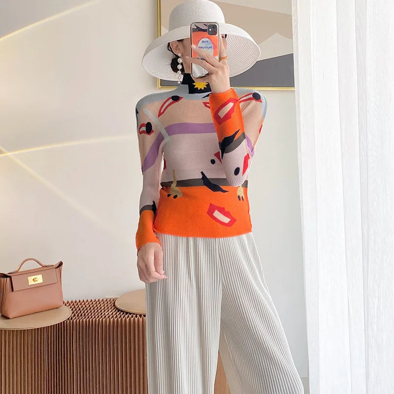 Miyake Pleated Contrasting Colors T-shirt Women Half Turtleneck Skinny Pullover 2025 Summer Fashion Female Clothing
