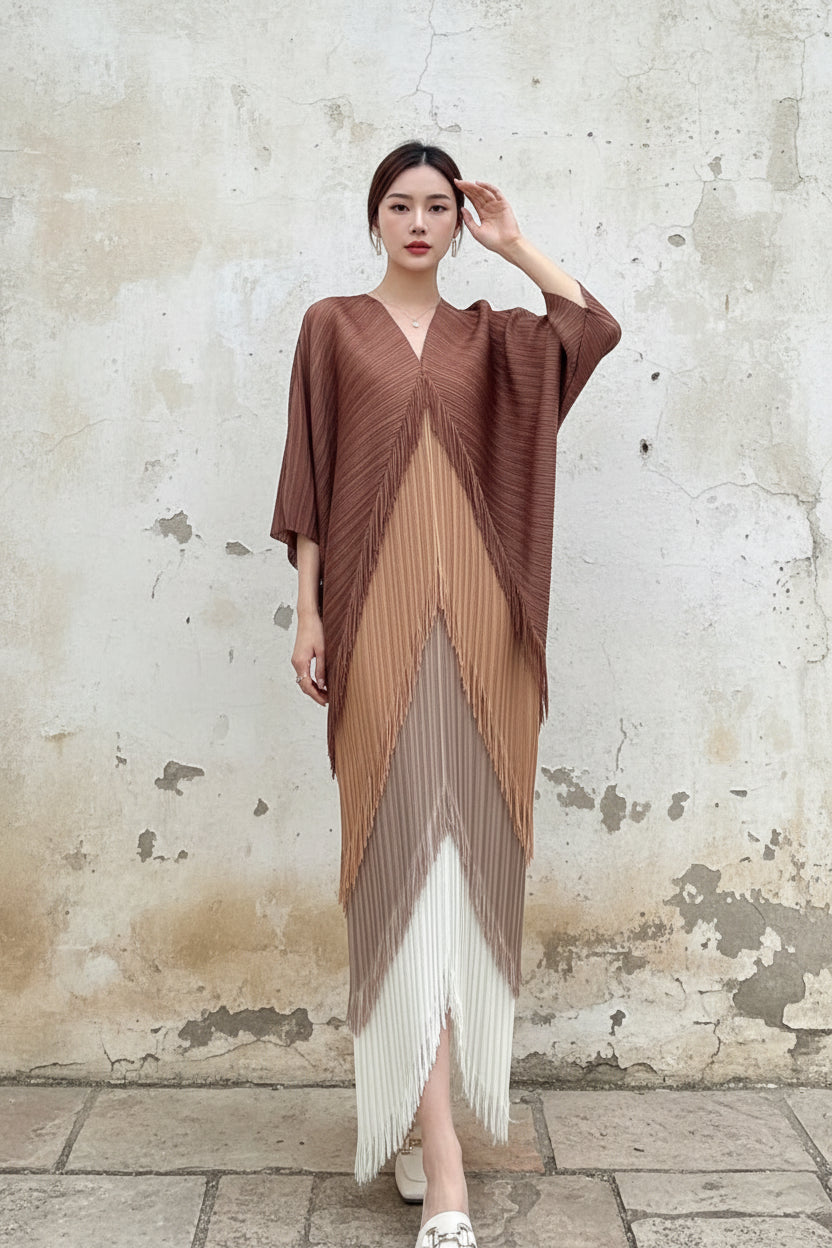 Fringe Pleated Dress Women's V-neck Bat Sleeve Splice Fashion Dress Women's 2026 Spring/Summer New