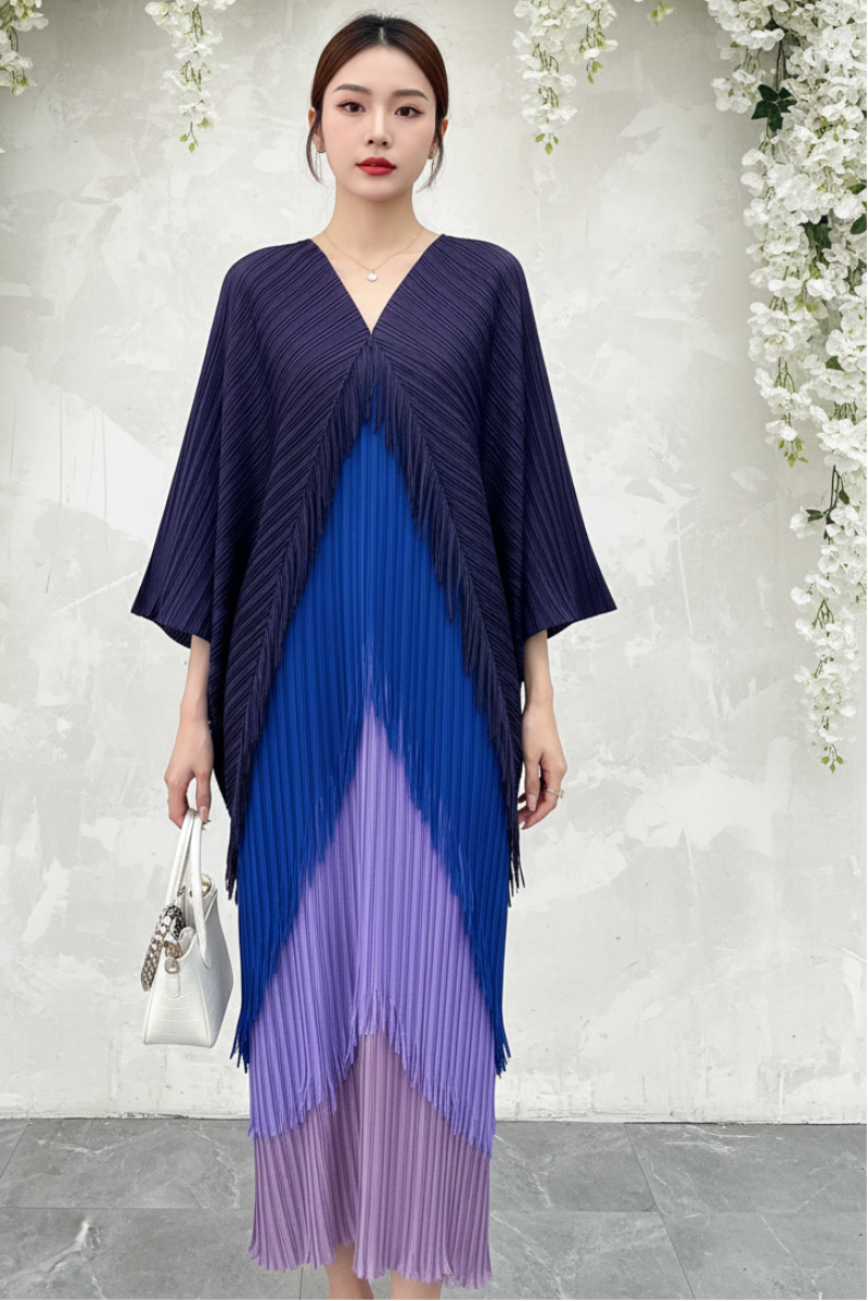 Fringe Pleated Dress Women's V-neck Bat Sleeve Splice Fashion Dress Women's 2026 Spring/Summer New