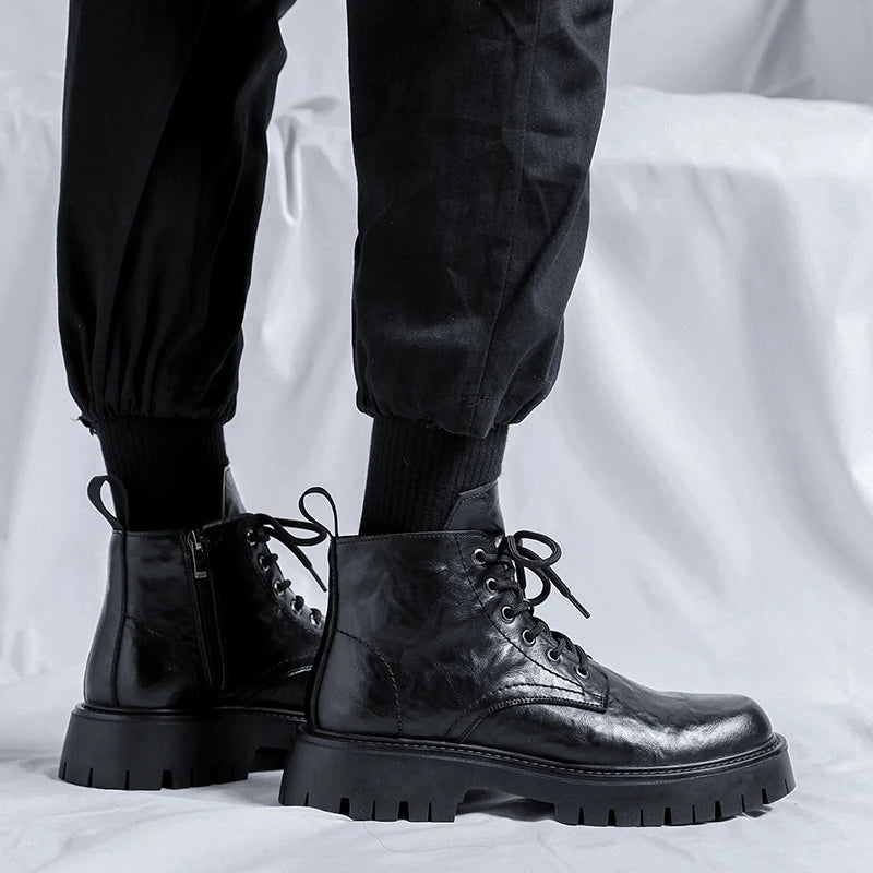 New Fashion Lace Up Casual Mens Boots Mens Thick Sole Ankle Boots Trendy Comfortable Mens Classic Black/Brown Motorcycle Boots