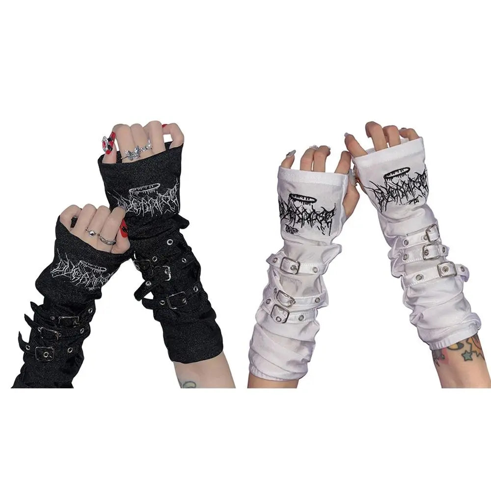 Fashion Metal Buckle Arm Sleeves Y2K Japanese Sunscreen Gloves Embroidery Harajuku Cosplay Gloves Women