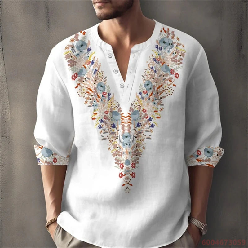 Men's Long-Sleeved Shirt for Summer Vacation, Featuring a Color-Blocked Geometric Print and Henley Collar; Stylish Men's Shirt.