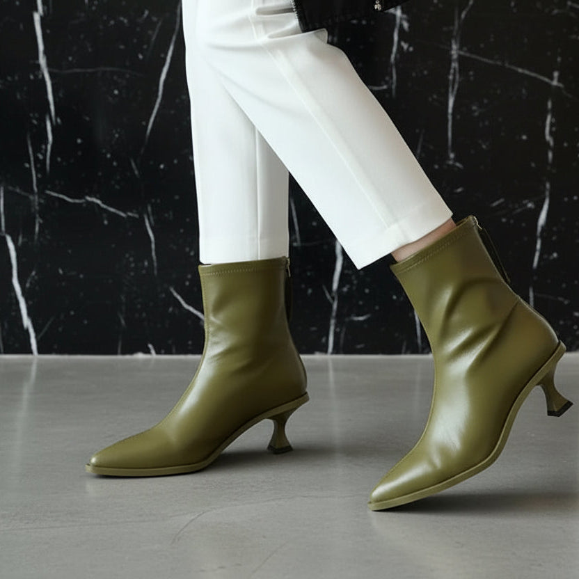 Chic Leather Women Ankle Boots Autumn Winter Office Lady Pointed Toe Thin High Heels  Short Booties Army Green