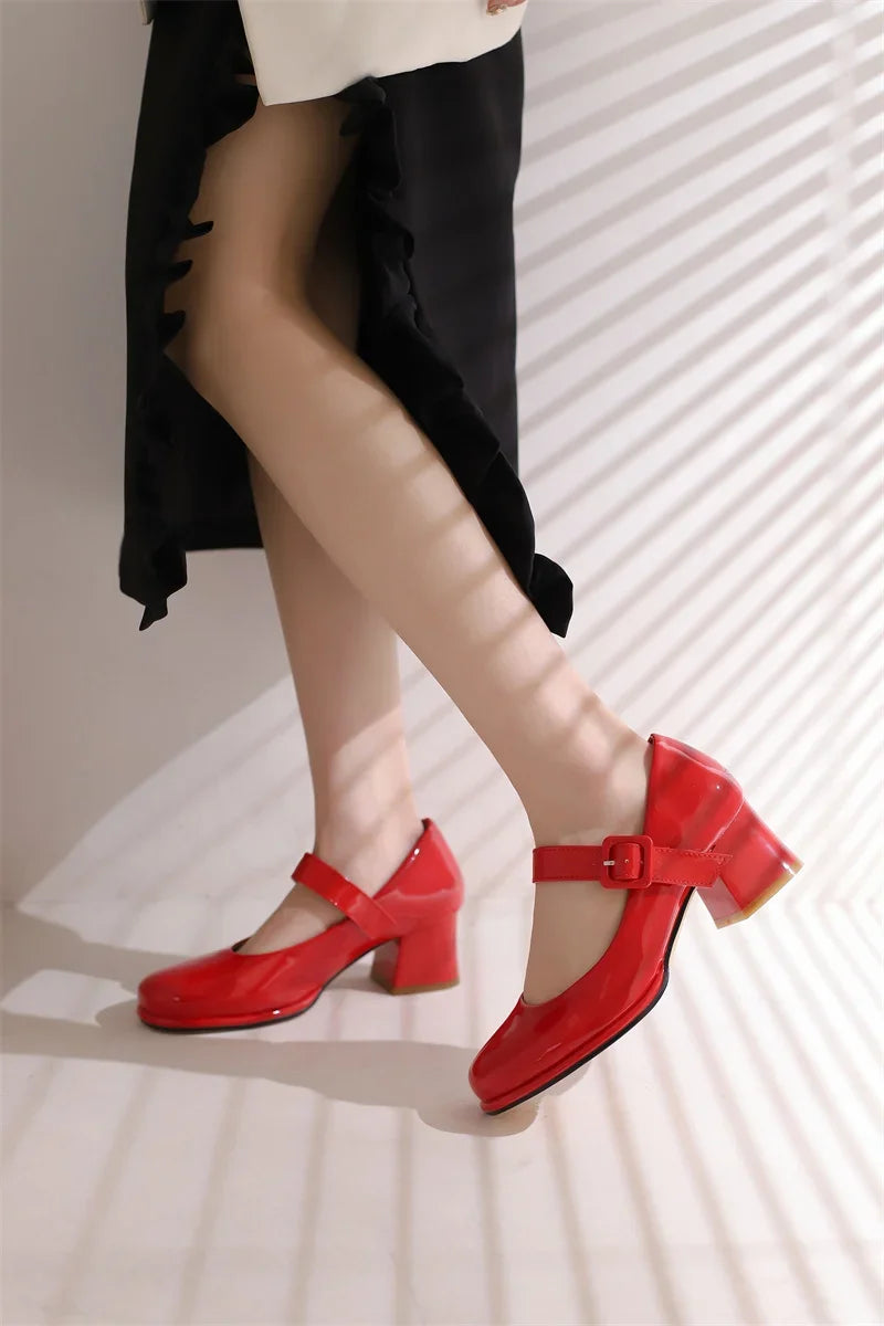 Spring Autumn Women Platform Mary Janes High Thick Heel Orange Red Patent Leather Dress Office Lady Round Toe Buckle Strap Pumps