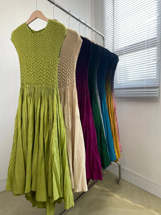 Summer Miyake Gradient Printing Pleated Slim Fit Round Neck Sleeveless Gradient Splice Dress