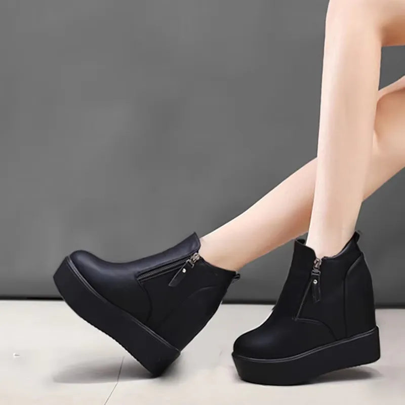 Women's Ankle Boots 2025 Winter Leather Short Plush Warm Boots For Woman Platform Shoes Ladies Hidden Heel Ankle Boot Shoes