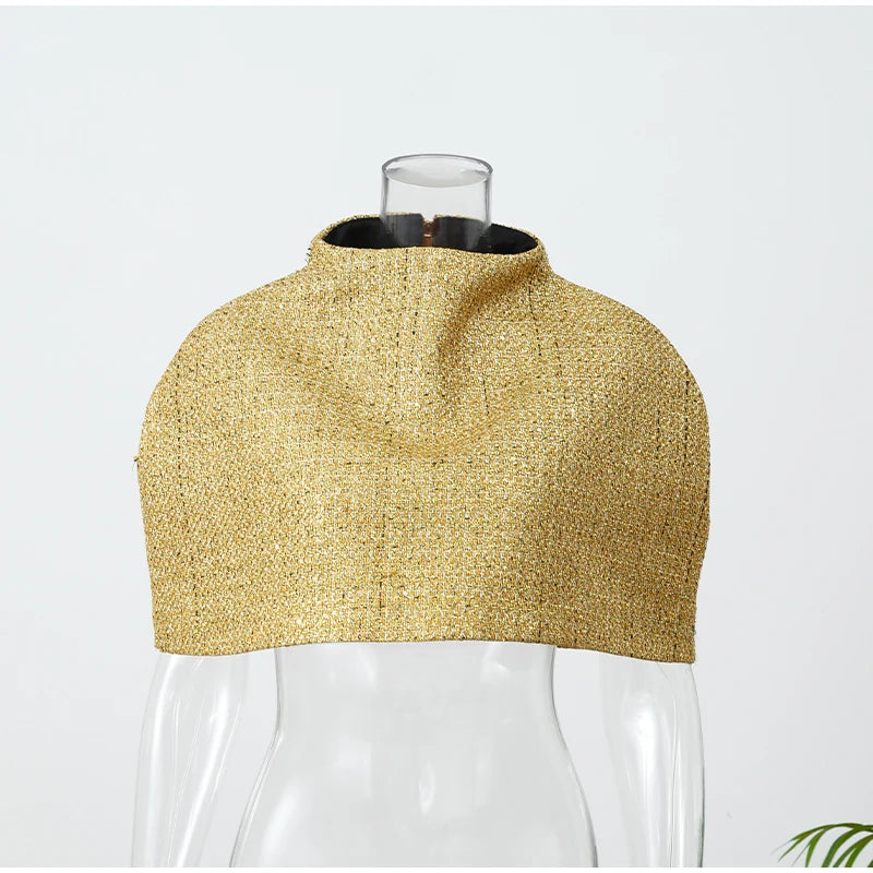 Elegant Chic Gold Sparkle Capelet Top Shiny Tweed Shoulder Wrap Turtleneck Short Cloak New Lady Evening Club Party Tops 2026