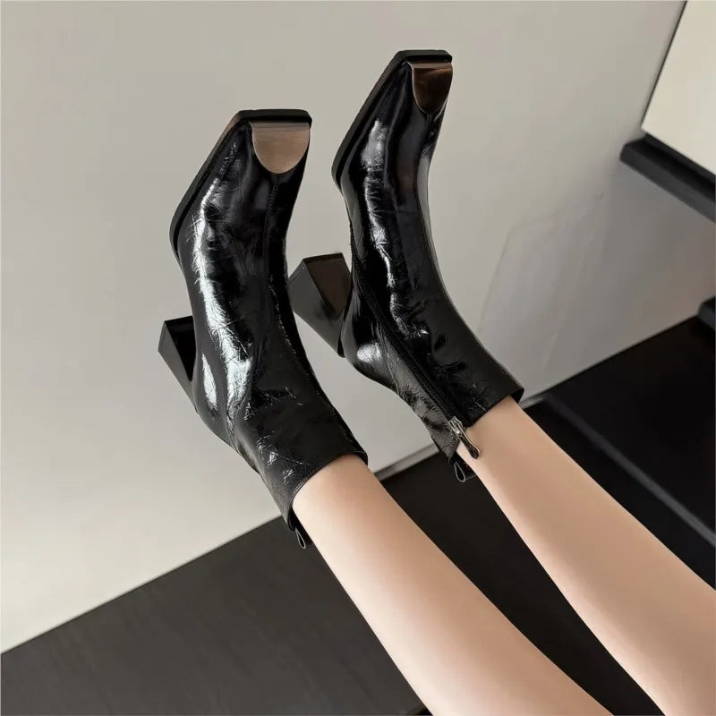 Fashion Genuine Leather women's Ankle Boots Square Metal Toe High Thick Heels Lady Party Dating Boots Women Autumn