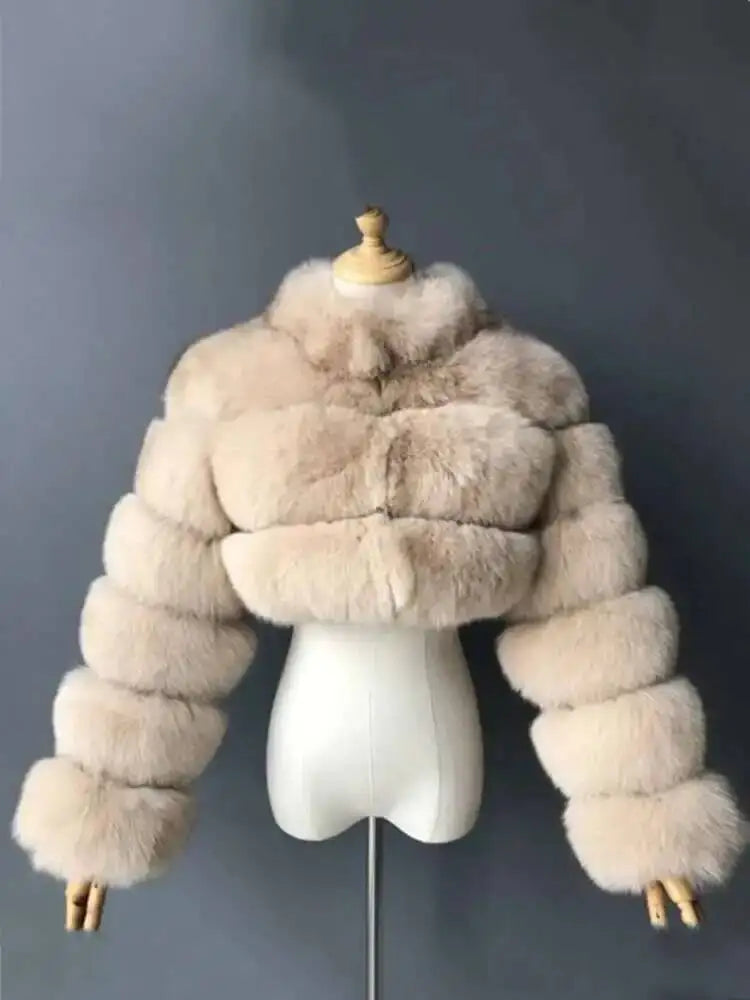DEAT Fashion Women's Faux Fur Coat Stand Neck Long Sleeve Zipper Short Solid Color Thick Warm Jackets Winter 2024 New 7AB6434
