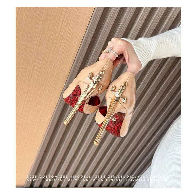 8CM Fashion Womens High Heel High Quality Metal Scepter Stiletto Pointed Leather Women Shoes Premium Single Shoes for Women
