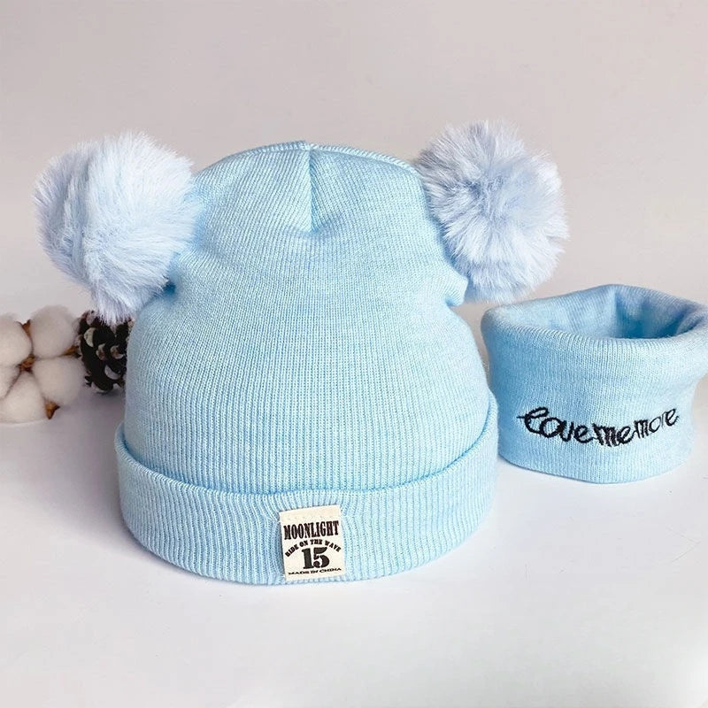 Autumn Winter Warm Baby Knitted Hats with Scarf Kids Knit Beanie Caps Solid Color Children's Hat Toddler Boys Girls Accessories