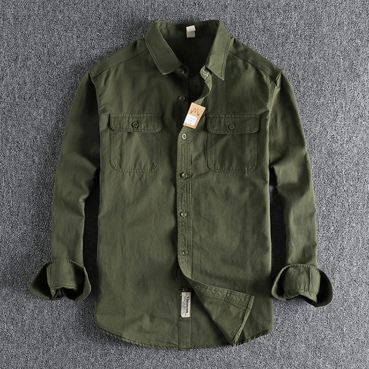 Autumn New American Retro Twill Woven Cargo Shirt Men's Fashion Pure Cotton Washed Old Long Sleeve Double Pocket Casual Blouses