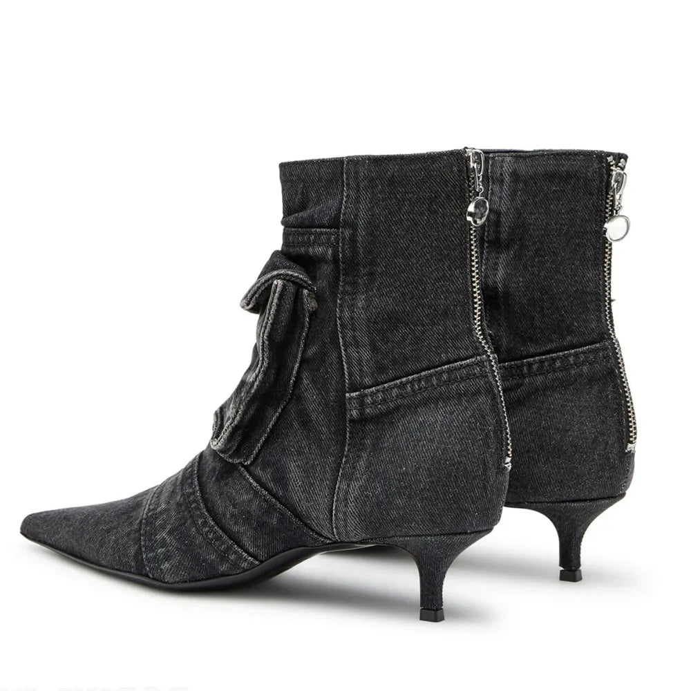 Para Mujer Women Shoes Washed Denim Pocket Boots Fashionable Pointed Thin Low Heel Rear Zipper Short Boots Botas De Invierno