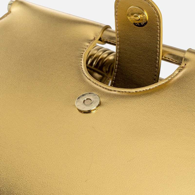 Close-up of a gold handbag with handle and metallic accents.