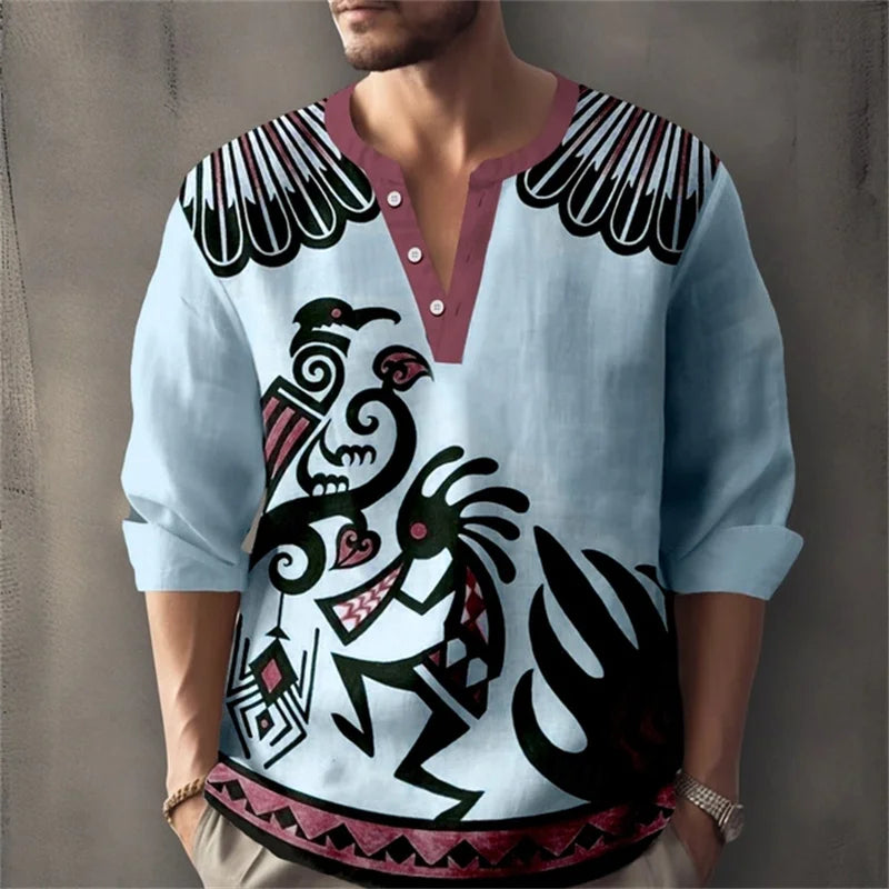 Men's Long-Sleeved Shirt with Retro Print, Stylish Design, Outdoor Casual Henley Collar, Loose Fit, Men's Vacation Top, XS-6XL.