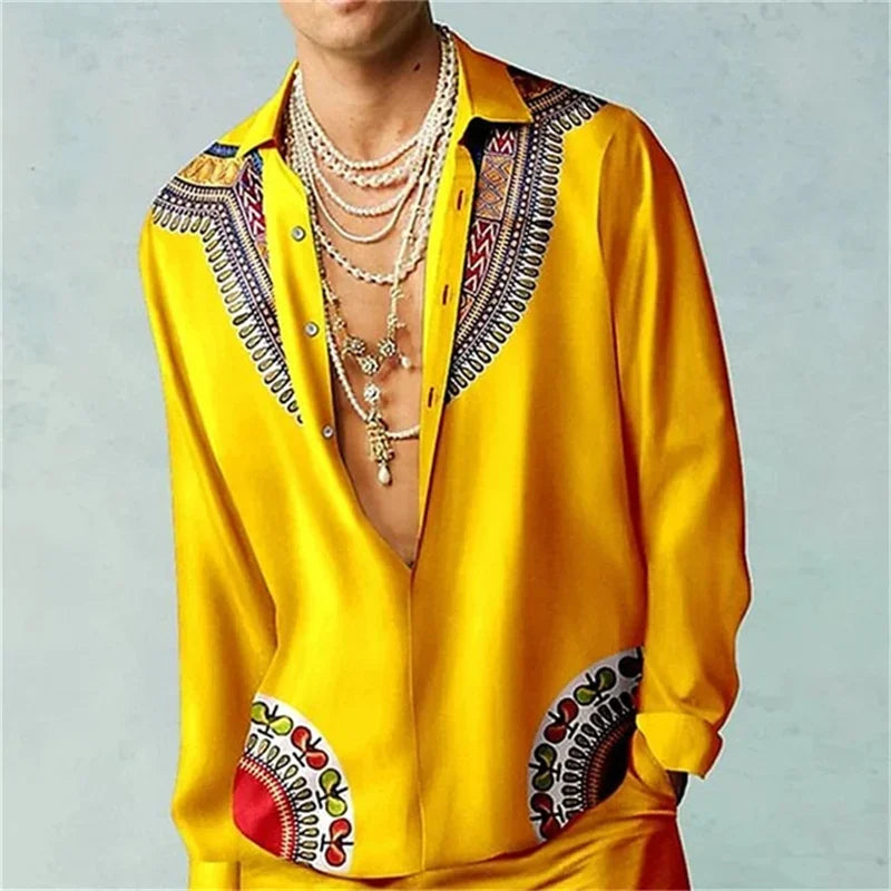Casual Simple Long Sleeve Shirt Men's Fall Men's Shirt Long Sleeve Men's Ethnic Style Graphic 3d Print Holiday Button Men's Shir