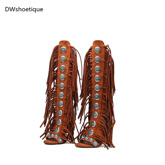 Summer Sandals cow suede leather tassel women sandal peep toe sexy lace up knee high shoes US size