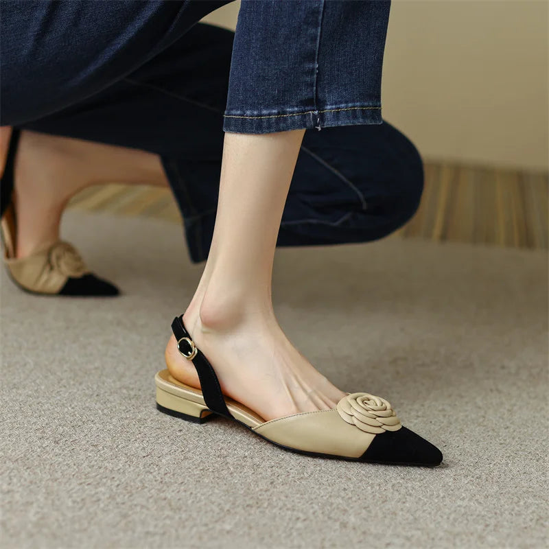 Dilalula Summer Genuine Leather Covered Toe Flower Sandals Ladies Sweet Low Thick Heels Elegant Flower Mixed Color Dress Shoes