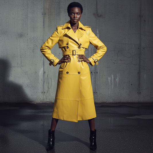 Spring Autumn Extra Long Bright Yellow Faux Leather Trench Coat for Women Shoulder Pads Double Breasted Luxury Designer Clothes