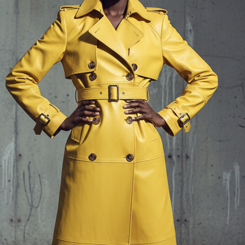 Spring Autumn Extra Long Bright Yellow Faux Leather Trench Coat for Women Shoulder Pads Double Breasted Luxury Designer Clothes