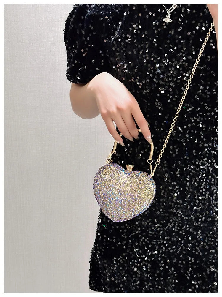 Luxury Diamond Inlay Heart Shape Crystal Clutch Purse Stones Evening Wedding Party Shoulder Bags Handle Rhinestone Mini Handbags