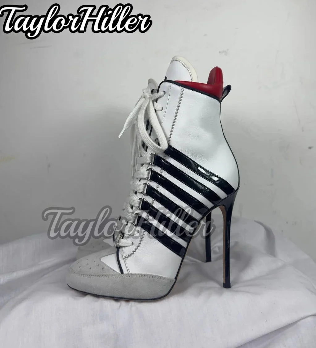 New White Black Striped Ankle Boots High Top Sport Sneakers Lace Up Luxury Pointy Toe High Heels Stiletto Patchwork Winter Shoes