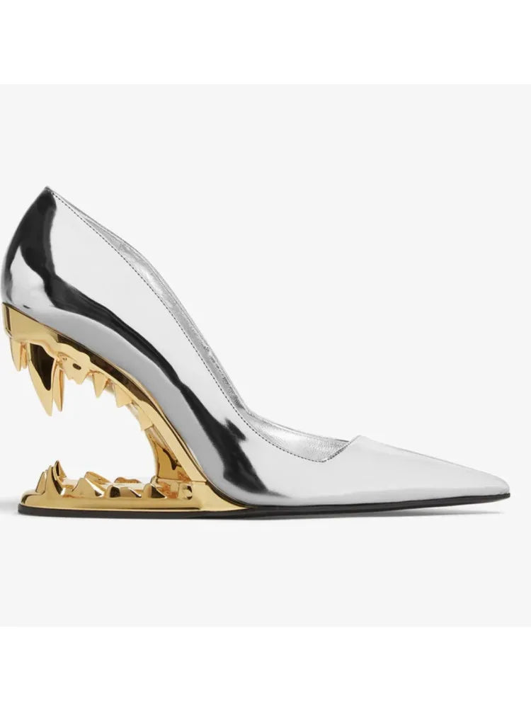 Sexy Pointy Toe Super High Heel Pumps Women Metal Tiger Tooth Heel Runway Pumps Lady Fashion Show Shoes Night Club