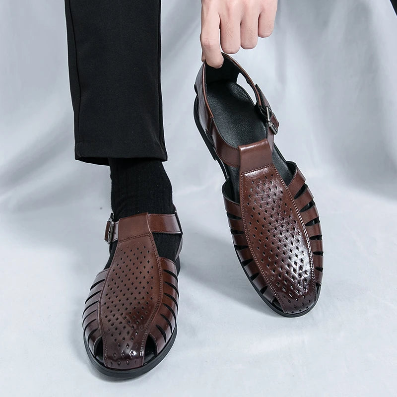 Brand's New Men's Summer Oversized Breathable Sandals Retro Pointed Men's Fashion Trend Hollowed Out Comfortable Leather Shoes