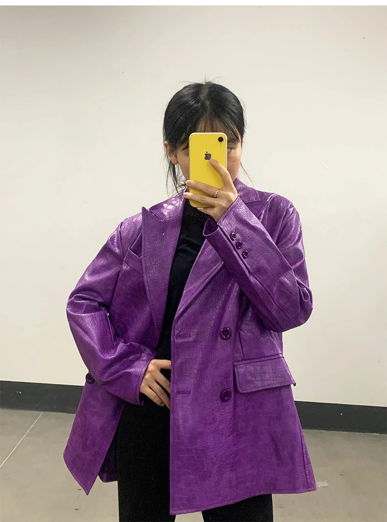 Mauroicardi Autumn Soft Luxury Matte Purple Crocodile Print Pu Leather Blazer Jacket Women Loose Casual Korean Fashion Clothes