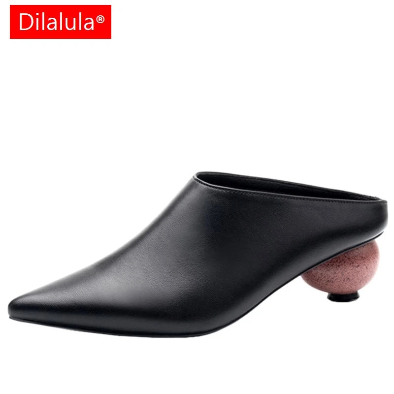 Genuine Leather Mules Women Pointed Covered Toe Med Ball Shape Heel Office Ladies Slippers Strange Heel