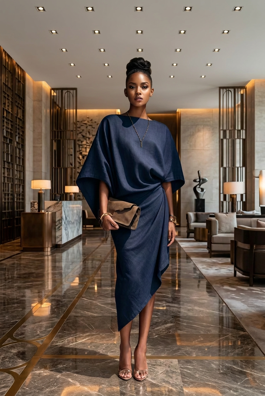AFANADOR Elegant Women Linen Dress Batwing Sleeve Draped Wrap Design Asymmetrical Midi Dress Loose Fit Summer Office Evening Party Outfit